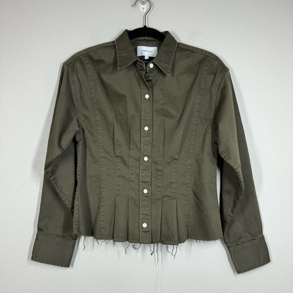 Current/Elliott Green Button Up Shirt Long Sleeve Raw Hem Pin Tuck Size 1 Small